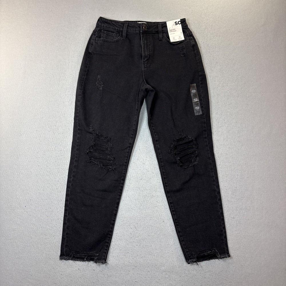 SO Women's Black High‎ Rise Mom Jeans Size 7 Raw Hem Distressed NWT